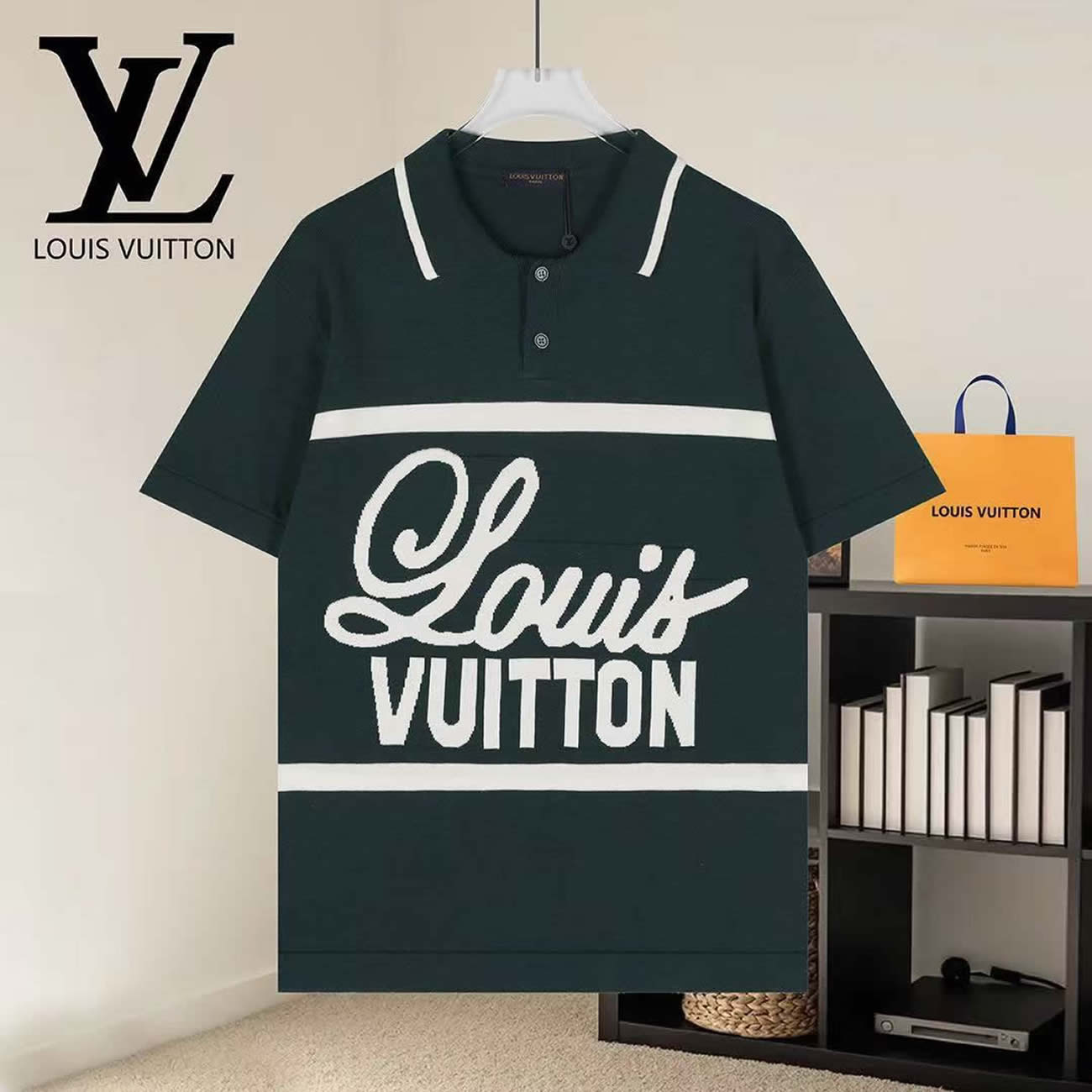 Louis Vuitton Green Polo T Shirt With White Embroidered (5) - www.newkick.org