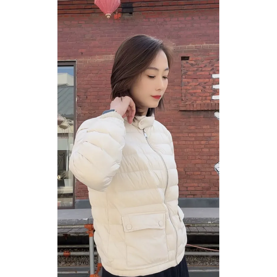 Moncler Lans SS26 Women's Stand-Collar Short Quilted Down Jacket - Ivory
