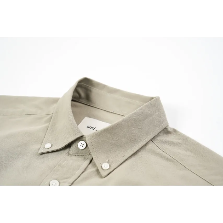 AMI Oxford Cotton Long-Sleeve Shirt - Khaki