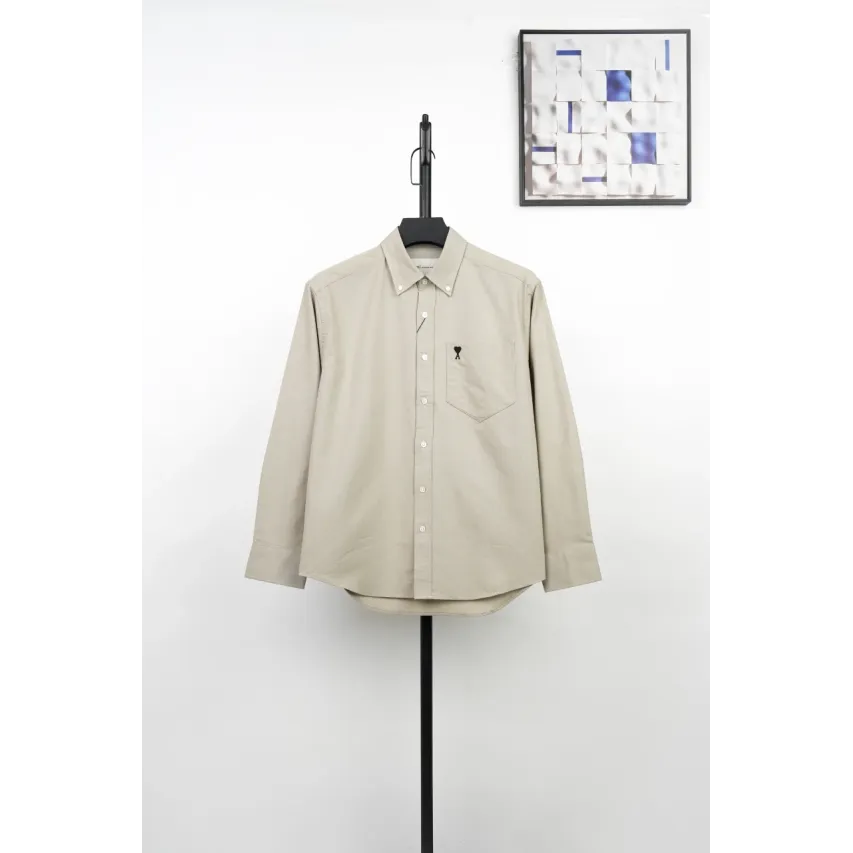 AMI Oxford Cotton Long-Sleeve Shirt - Khaki