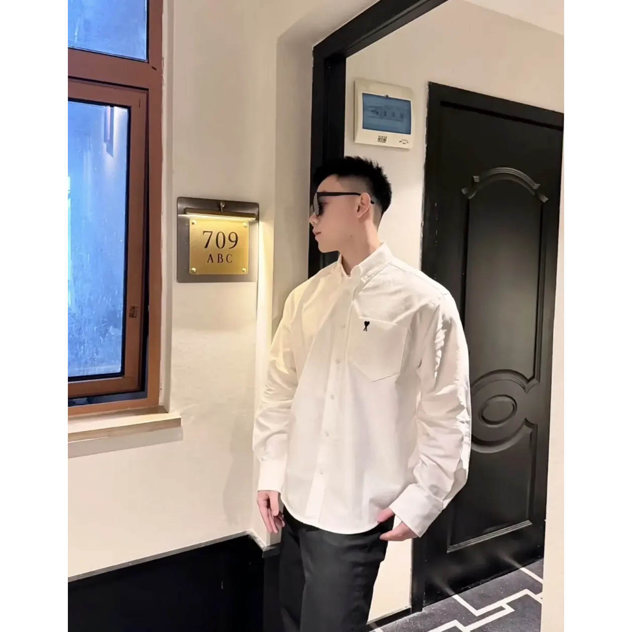 AMI Oxford Cotton Long-Sleeve Shirt - White
