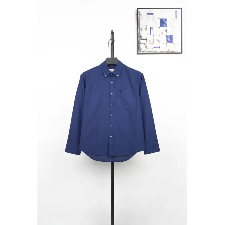AMI Oxford Cotton Long-Sleeve Shirt - Navy