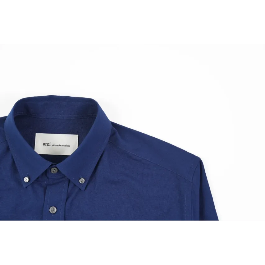 AMI Oxford Cotton Long-Sleeve Shirt - Navy