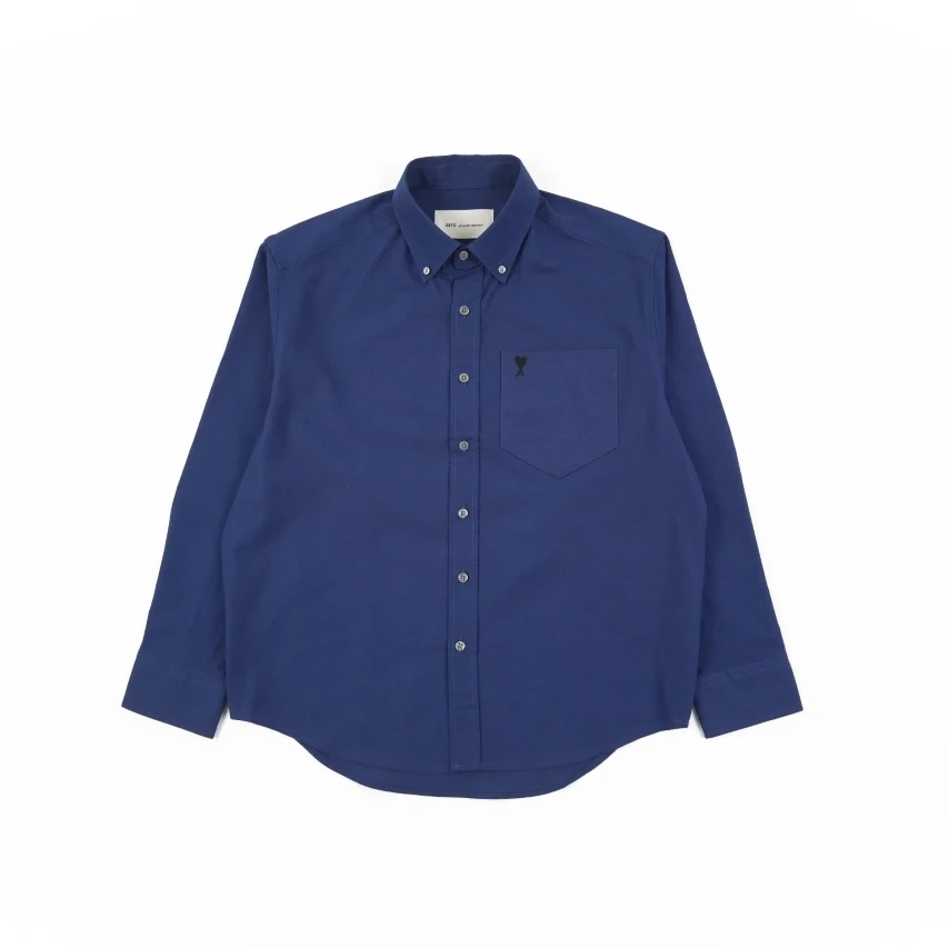 AMI Oxford Cotton Long-Sleeve Shirt - Navy